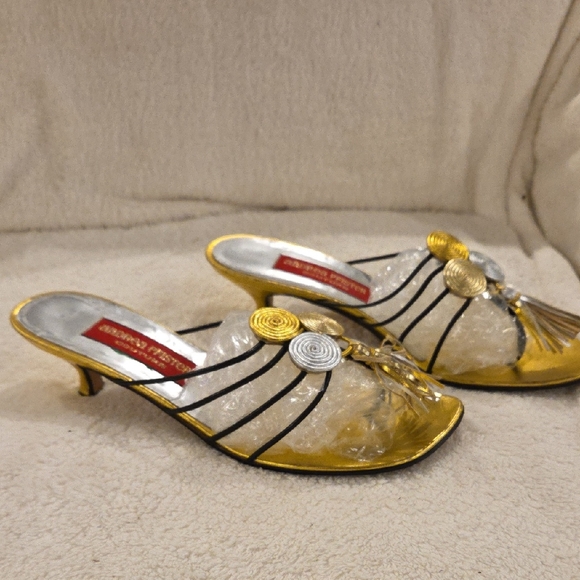 Andrea Pfister Couture Shoes - Andrea Pfister Metallic Gold Kitten Heel Mules w Decorative Gold Embellishments